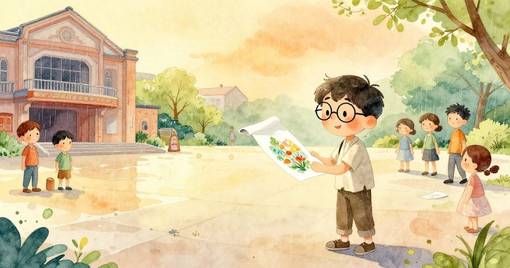 Harrison於雨後戲院廣場滿懷欣慰欣賞完成畫作，柔金晨光中新芽破土，人群靜觀，畫面溫暖且具希望。