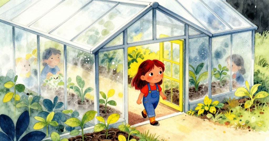 Mira 踏入溫室，溫暖光線穿透玻璃天幕，滴水映照排列整齊的幼苗，表情期待而愉悅。