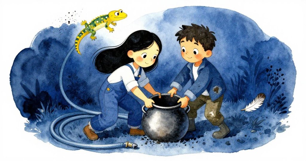 Mira和Leo協力搬運花盆時突遇水管阻擋及壁虎急衝，花盆傾斜、泥土飛散，表情驚訝而緊張。