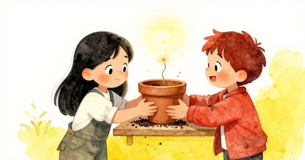 Mira與Leo將花盆穩放於高架板上，泥土紛飛中露出淡花，在柔燈光下充滿希望與成就感。