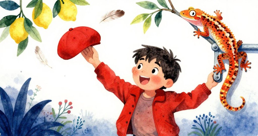 Leo的帽子飛揚，輕羽隨風飄入樹枝，壁虎敏捷攀爬金屬支架，表情驚訝且充滿生動活力。