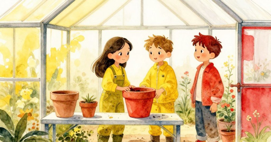 Mira與Leo站在穩固花盆前，溫室內柔和光線灑落，壁虎退入陰影，畫面寧靜而滿布成就感。