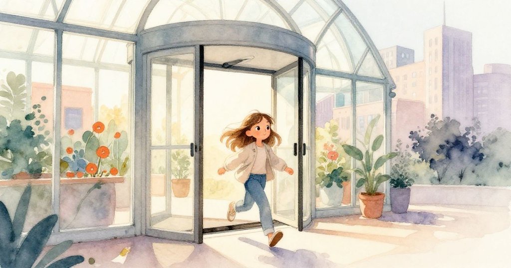 莉娜走入玻璃溫室,手持平面素描本正通過旋轉門,表情充滿好奇與期待,在溫暖光線中展現初步冒險。