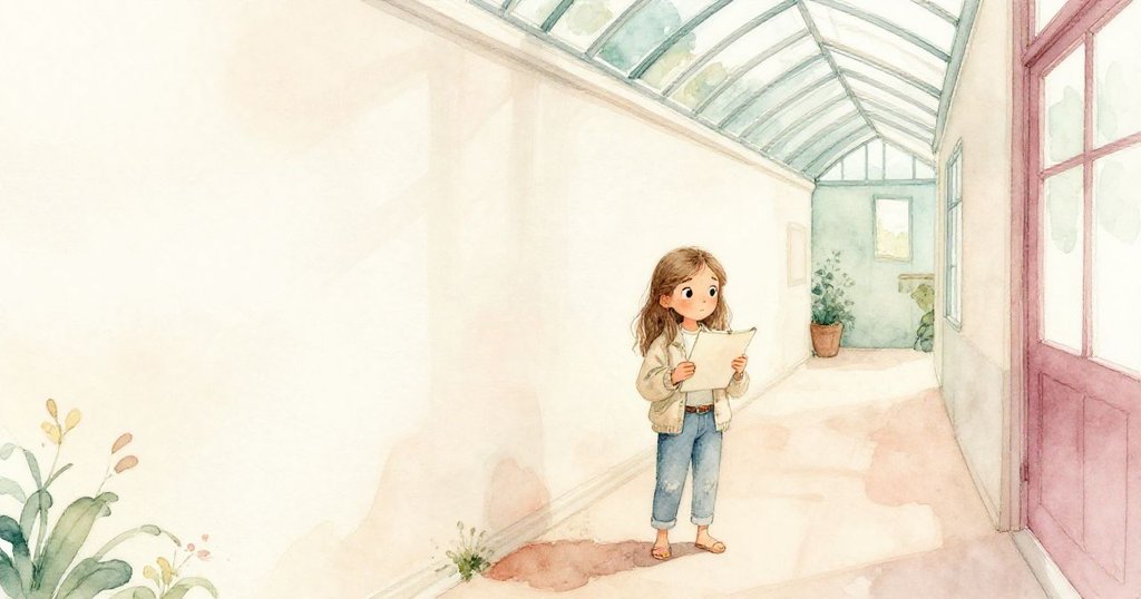 莉娜在空曠走廊中探險,聚焦在手中的素描本,背景有柔和光線與空白牆面,神情專注安靜。
