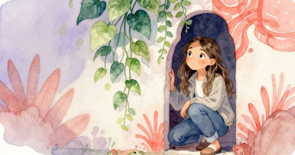 莉娜蹲在垂掛蔓生植物旁,透過縫隙觀察隱藏牆面,眼中露出驚奇神情,綠蔭環繞,充滿期待。