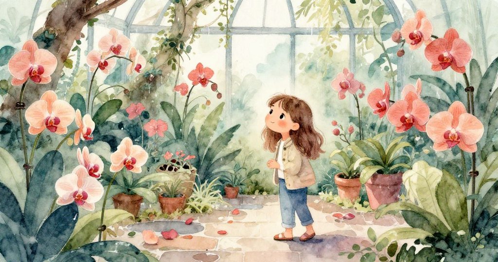 莉娜走進充滿熱帶氣息的室內雨林,身邊是滴水濕石和飄落花瓣,欣賞著自然繽紛色彩,心情愉悅。