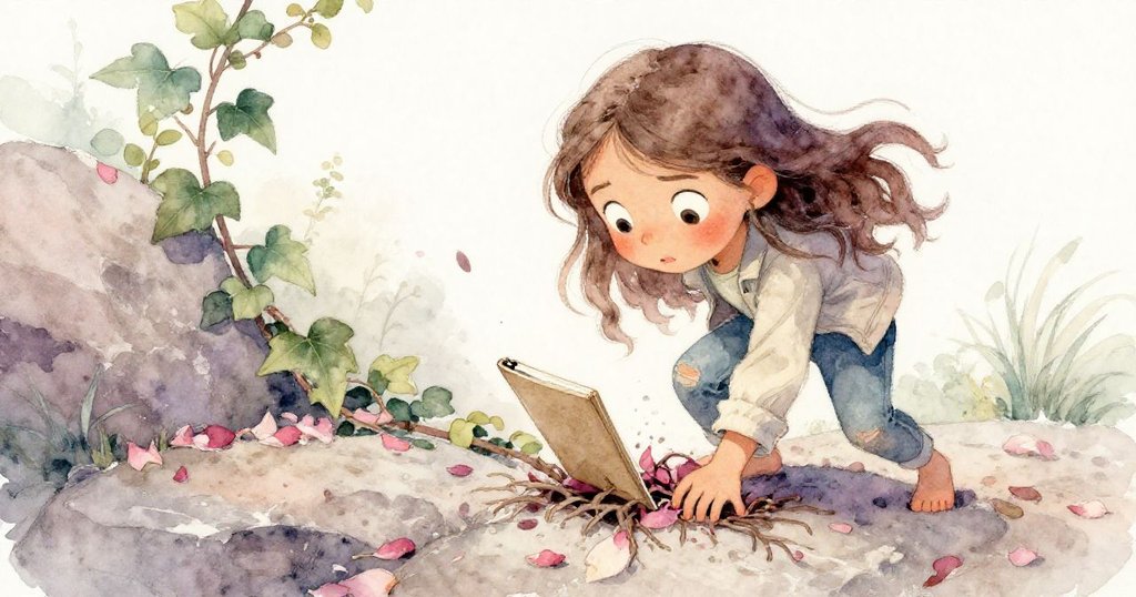 莉娜的靴子在花瓣上打滑,素描本被根纏住,常春藤如劇幕般徐徐揭開,她表情驚慌失措,氣氛緊張。