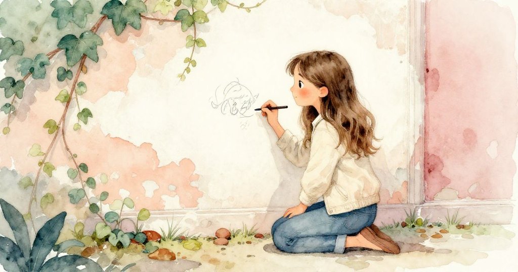 莉娜跪在剝落常春藤後顯現的歷史壁畫前,專心畫著藍黃漸變的遠景,臉上流露出寧靜與放鬆的神情。