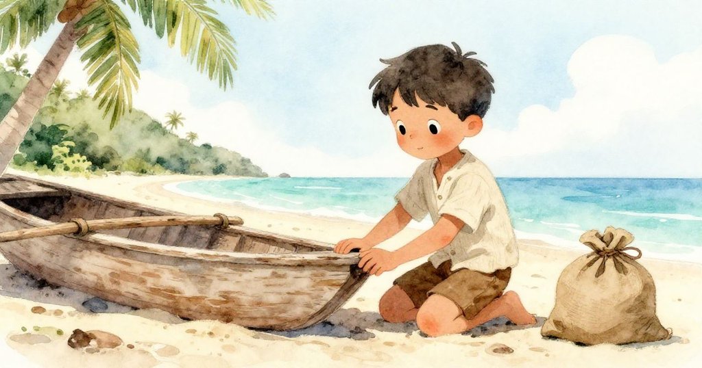 Felix跪於沙灘上輕敲舊木頭,手持麻袋,細看歲月痕跡,神情中流露出探索新奇的溫暖好奇。