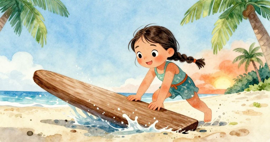 Mara在濕潤海邊探查半埋木板,濺起水花,臉上充滿探索好奇與活潑堅定的神情。