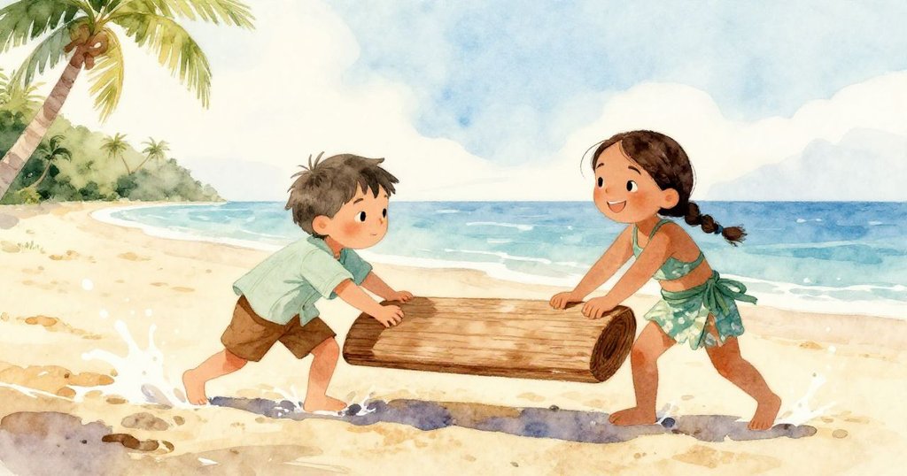 Felix與Mara協力移動木板,水花四濺,彼此動作協調,展現堅強團隊精神及海邊生動場景。