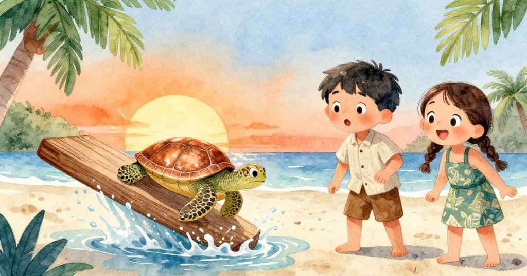 木板猛然翻轉濺起水花,小海龜閃爍銅殼破浪而出,Felix與Mara驚奇對望,動感迸發出生命奇蹟。