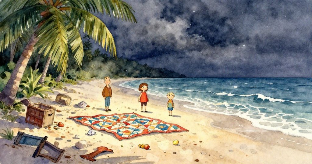 小海龜緩步入柔和海潮,漂浮木板旁受損椰子靜臥海灘,Felix與Mara遠眺,故事以寧靜溫馨落幕。