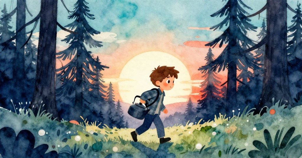 Leo背著金屬水壺走出露營地，剪影映襯在溫暖夕陽與高松樹間，神情堅定展現啟程之感。