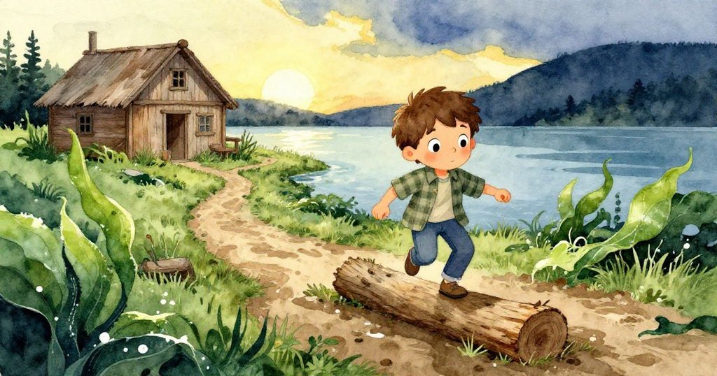 Leo靈巧跳上橫放原木，避開泥濘小徑，遠處湖邊木屋與自然景觀相映，動感十足情緒堅定。