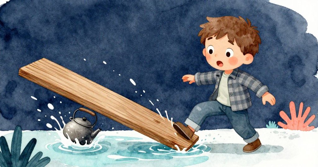 Leo驚訝後退，見到搖晃木板發出乾裂聲，水壺中水濺起飛濺，緊張氣氛中自然景致細膩呈現。