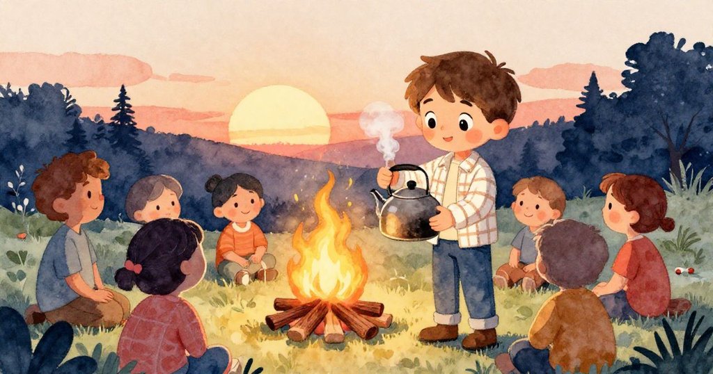 夕陽餘暉中，Leo捧滿水壺立於火爐旁，鄰居聚集聆聽故事，溫馨結局展現濃厚社群情誼與自然美景。