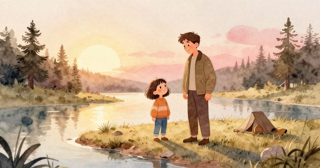 Lena與爸爸步入寧靜營地，夕陽柔光下帳篷與山谷映出溫暖情境，兩人滿懷期待。