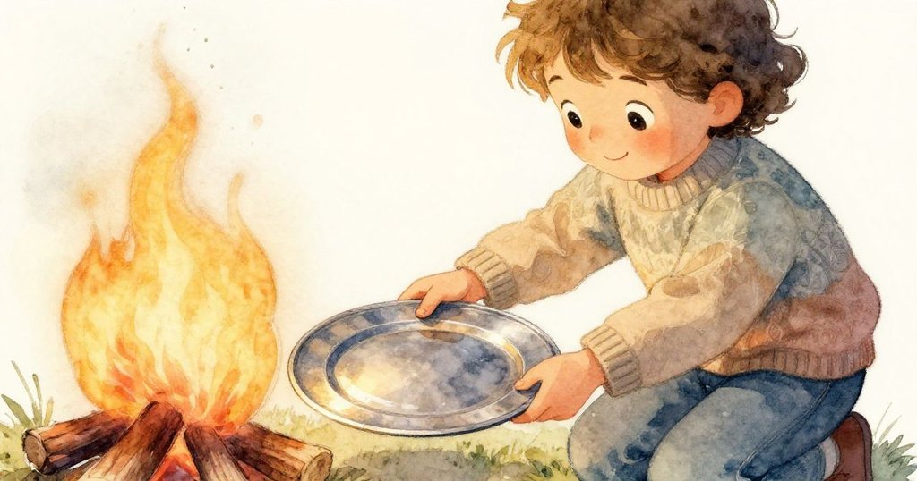 Lena專注地用雙手將金屬盤輕放火旁，火光映照下動作溫柔，準備烤麵包。