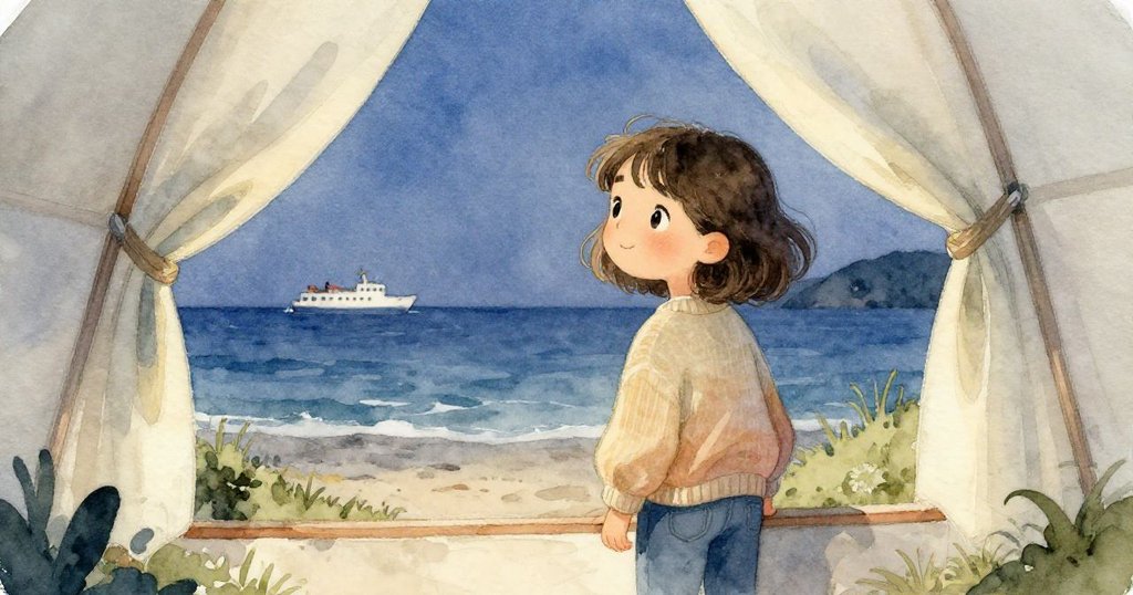 Lena透過營帳缺口望向遠方海面，聆聽渡輪哨聲，臉上展現驚奇與期待情緒。