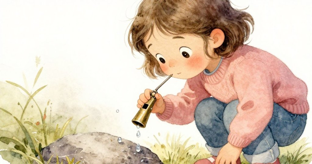 Lena彎身從濕潤小石下撿起古銅哨子，水珠閃爍中流露出驚喜與專注神情。