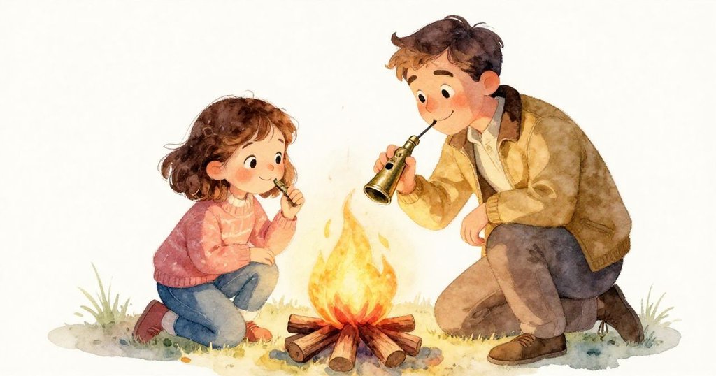 Lena與爸爸圍坐營火旁喜悅交談，爸爸細看古銅哨子，火光映出溫馨驚喜情感。
