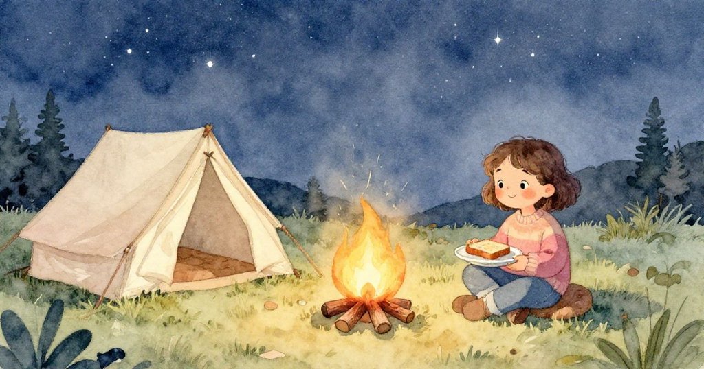 夜幕下Lena靜坐營火邊欣賞烤麵包與穩妥盤子，星空映襯下全營地寧靜祥和。