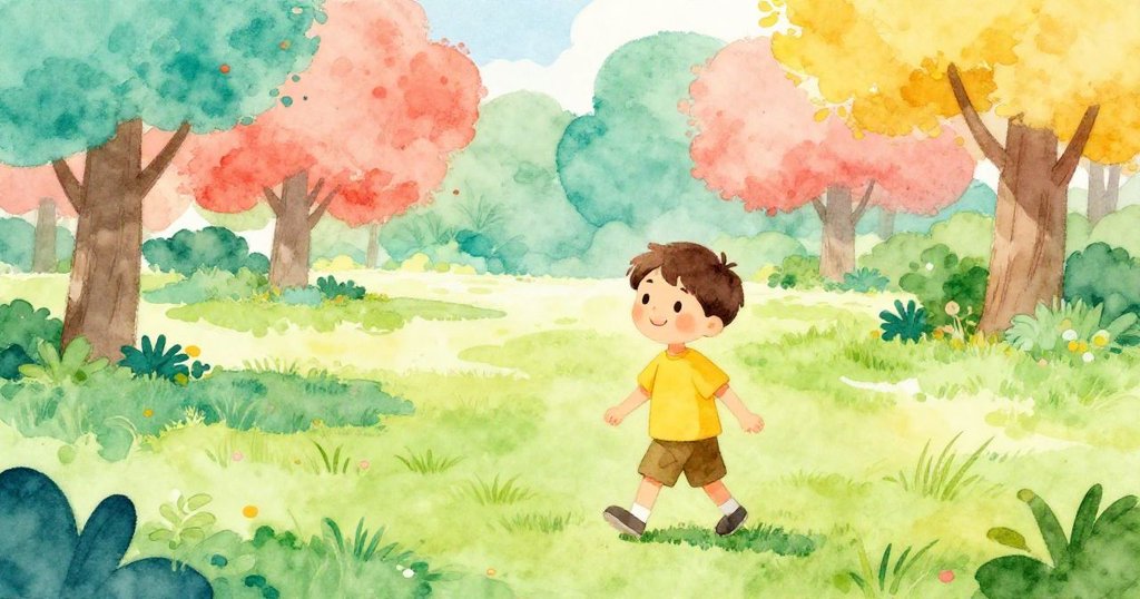 Liam穿著亮麗上衣,獨自走進綠意盎然的公園,溫暖陽光照耀,開始安靜而充滿期待的旅程。