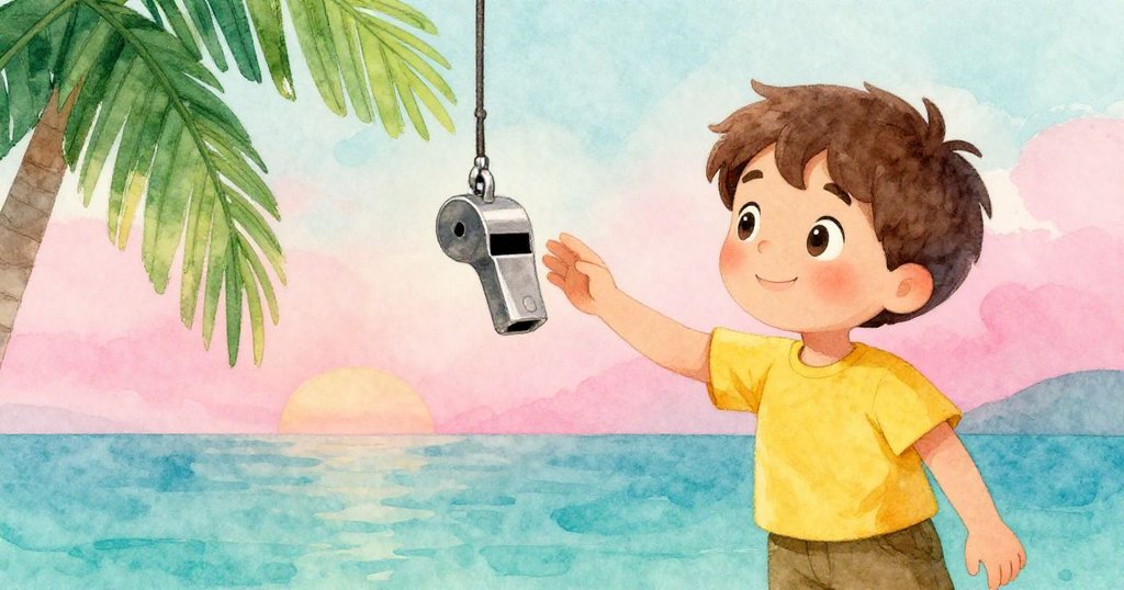 Liam柔和地觸碰那懸掛著的小口哨,鏡頭聚焦細緻口哨,背景自然光灑落,展現他的好奇與期盼。