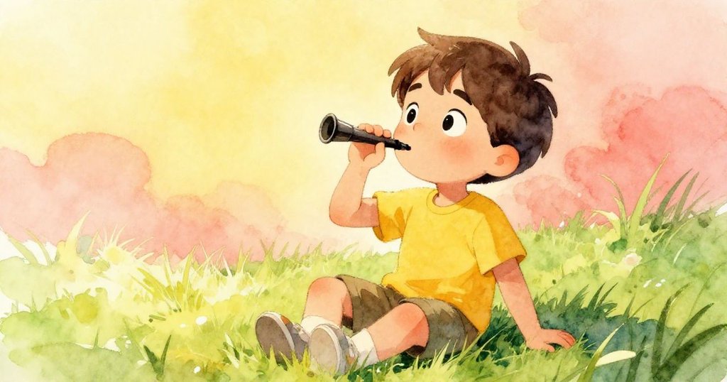 Liam坐在柔軟草地上,低角度呈現他抬起口哨吹奏時堅定與期待的表情,陽光溫暖映照著他的臉龐。