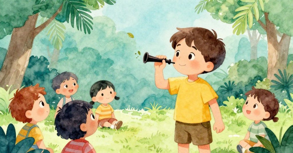 Liam輕敲口哨使微小樹葉滑落,旁邊孩子露出好奇目光,生動公園景致展現活潑氛圍。