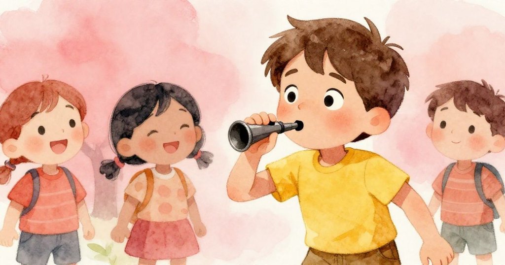 Liam深吸氣後再次吹奏口哨,臉上堅定與喜悅溫柔流露,旁邊孩子滿心歡笑見證奇蹟。