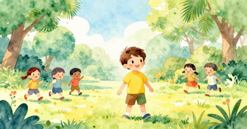 Liam與快樂孩子們在陽光普照的公園中齊心遊戲,口哨聲與笑聲交織,迎向充滿希望的全新旅程。