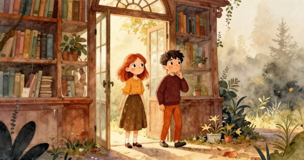 莉迪亞推開高玻璃門進入圖書館，馬庫斯跟隨進入，光線柔和，兩人充滿好奇與期待的神情，開啟冒險故事。