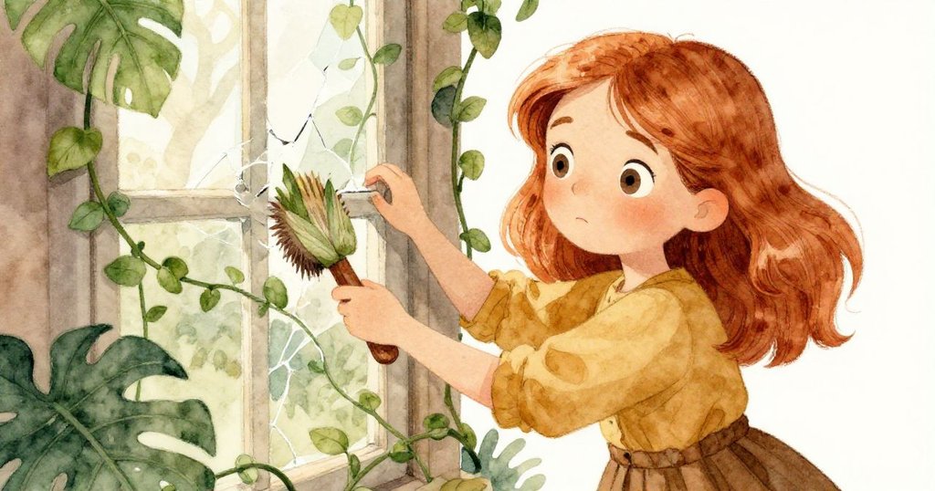 莉迪亞俯身躲避入侵的藤蔓，細節呈現她迅速撥開髮間的綠葉，神情充滿驚訝與果斷，玻璃碎片映出微光。