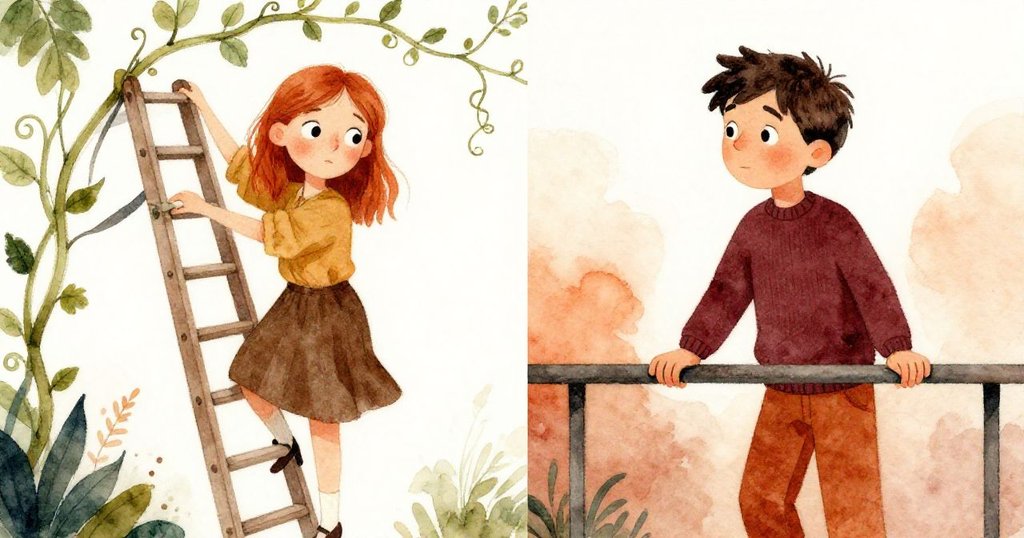 馬庫斯調整梯子繞過蜿蜒藤蔓，莉迪亞伸手扶穩梯子，兩人分畫面展現合作與緊張情緒，背景是陳舊書架與破碎玻璃。