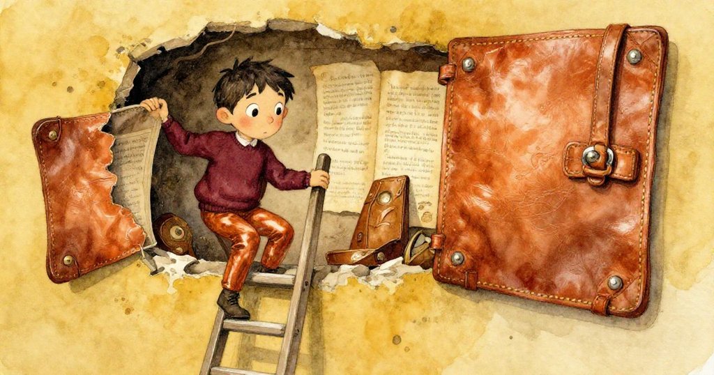 馬庫斯驚訝看著梯子搖晃，牆板打開露出古老皮革筆記本堆藏的秘密空間，場景神秘溫暖。