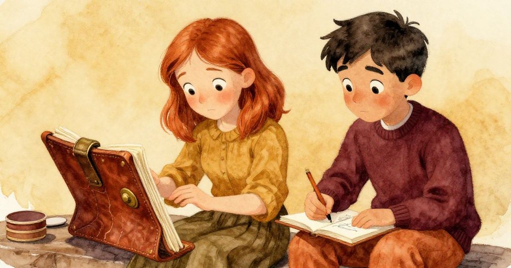 馬庫斯仔細翻看綁有銅扣的古老筆記本，莉迪亞在紙上描繪藤蔓素描，兩人共享驚奇與專注，溫暖光線灑落圖書館角落。