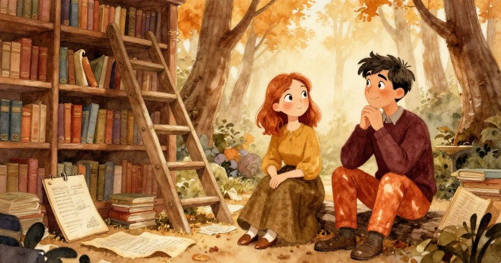 莉迪亞和馬庫斯站在靜謐圖書館中，倒下的梯子和揭開的筆記本映襯柔和日光，兩人滿懷輕鬆欣慰，故事完滿落幕。