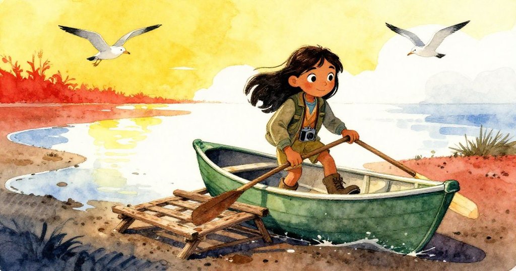 瑪雅在低潮時從舊架上滑出綠色獨木舟，背景展現退潮泥灘與散落水池，神情充滿期待與活力。