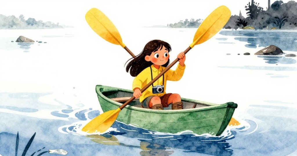 瑪雅駕船穿越空曠河口，船邊漂浮著捕捉塑料的防波欄，背景空曠且寧靜，神情專注且堅定。