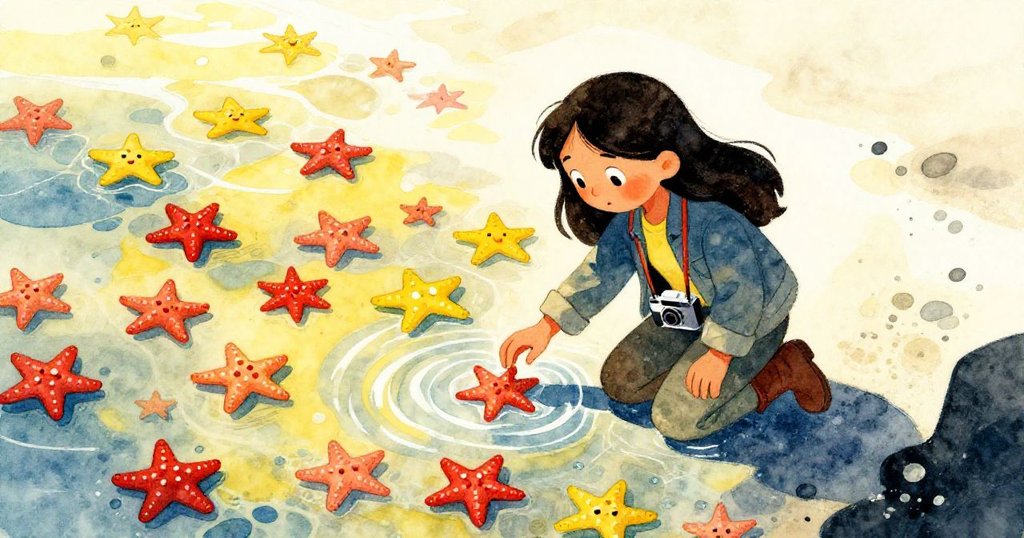 瑪雅蹲在淺灘上，輕觸透明水面，眾多星魚在水下組成生動馬賽克，展現自然奇妙之美。