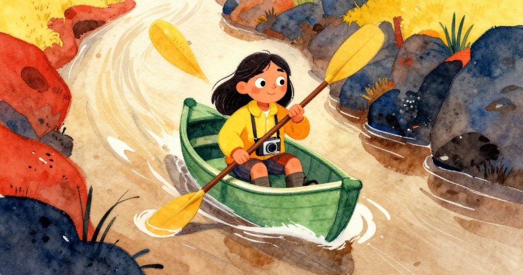 瑪雅在夕陽照耀下駕船穿越染土棕色的狹窄水道，動感劃槳，展現與自然潮流共舞的堅毅身影。