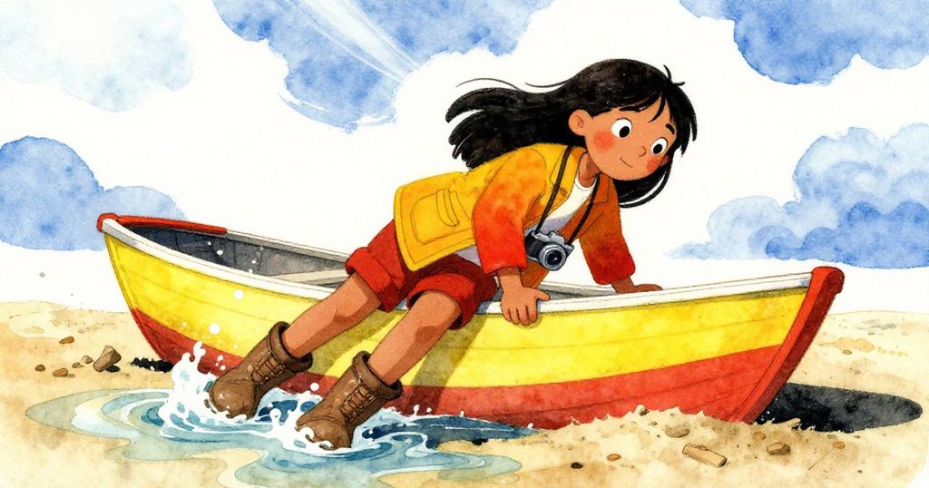 瑪雅奮力從隱藏沙洲中解放小舟，濕滑泥濘中腳陷水泡四起，神情專注且充滿挑戰。