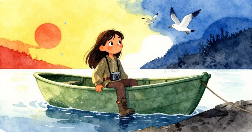 瑪雅目送小舟在斜陽下靜停堤岸，水珠閃爍，飛鳥低迴，展現冒險結束後的寧靜與滿足。