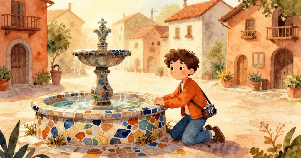 馬泰奧在黎明的村莊廣場踱步，膝蓋觸碰古老噴水池，眼神充滿專注與期待，背景散發著暖金色光芒。