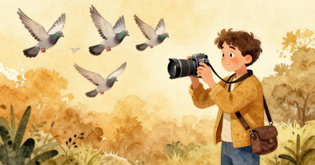 從馬泰奧背後視角看見他專注調整相機時，鴿群驚飛，展現動靜交錯、充滿活力與期待的場景。