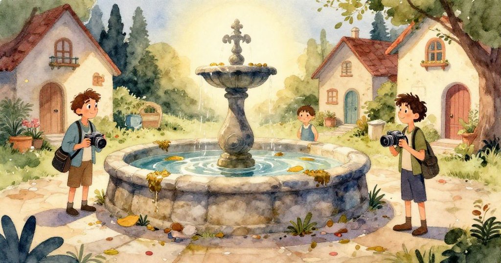 水流緩緩穿過噴水池裂縫，反射出隱藏的彩陶圖案，水面波光粼粼，透露出神秘且溫柔的光影。