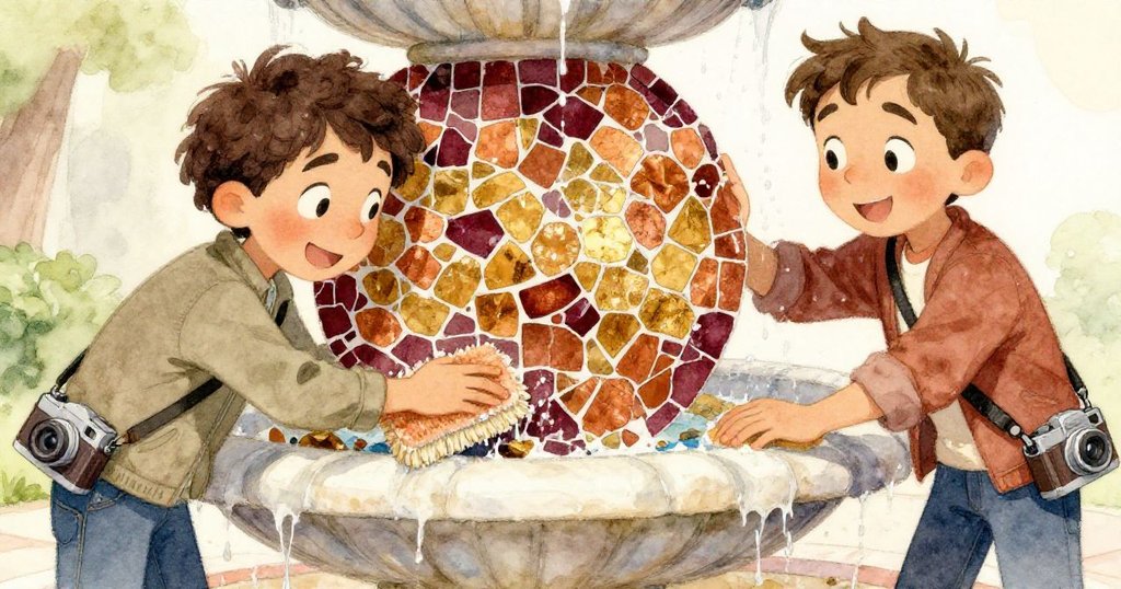 馬泰奧驚喜地注視著剛顯露的彩陶馬賽克，清潔動作中散發出滿足與期待，背景呈現溫暖酒紅與銅色光澤。