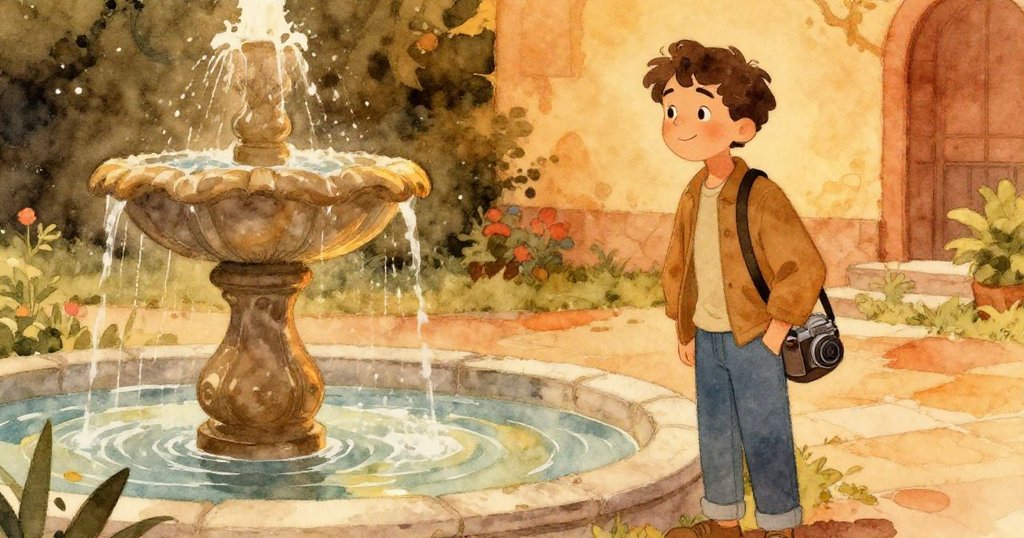 夕陽映照下噴水池再次流動，馬泰奧擦拭相機後滿懷欣慰，靜賞隱藏藝術之美，場景充滿溫暖與淡淡神秘。